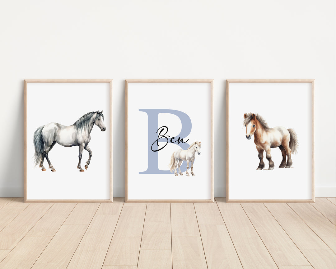 SET OF 3 Horses Pony Personalised Bedroom Prints