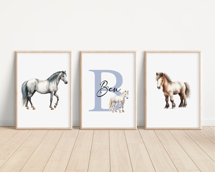 SET OF 3 Horses Pony Personalised Bedroom Prints