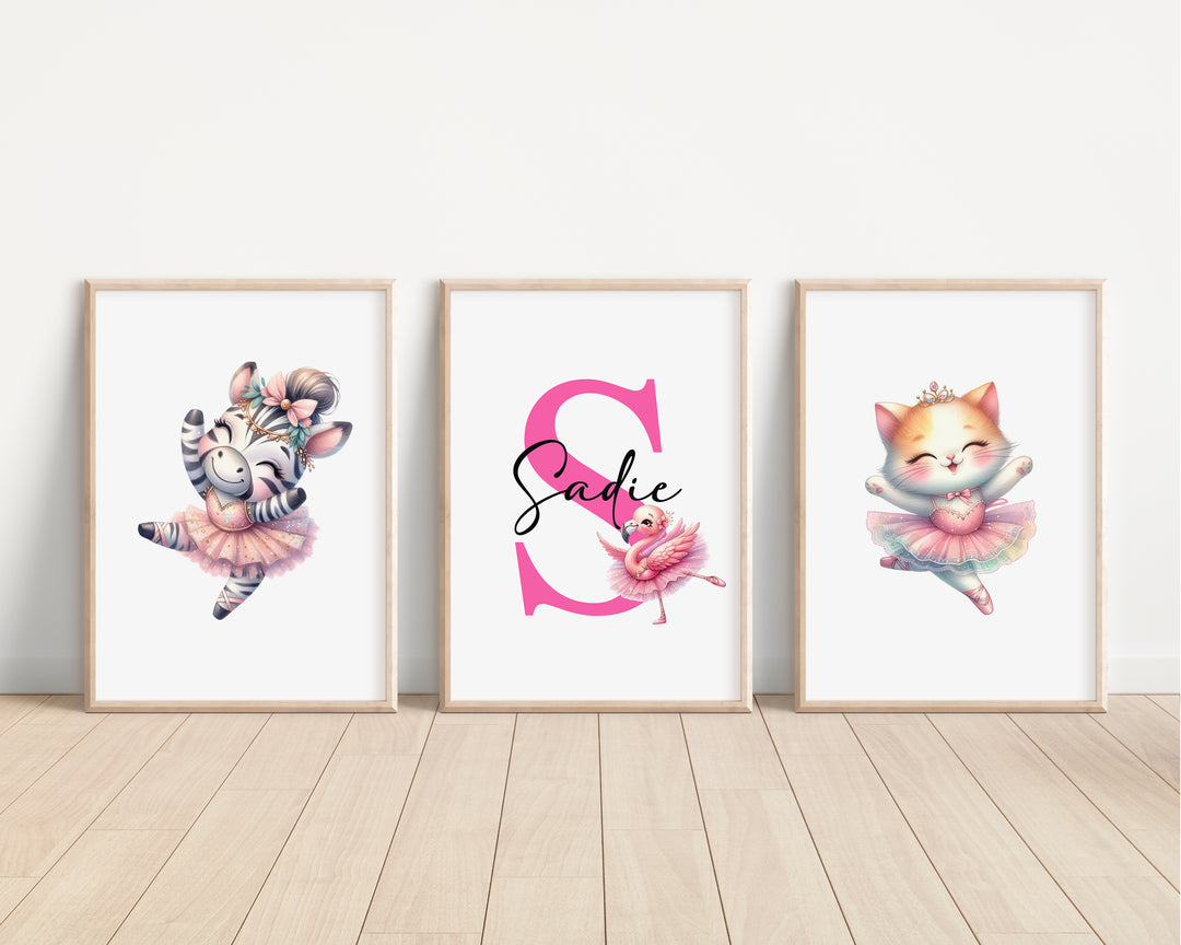 SET OF 3 Ballerina Animals Personalised Bedroom Prints