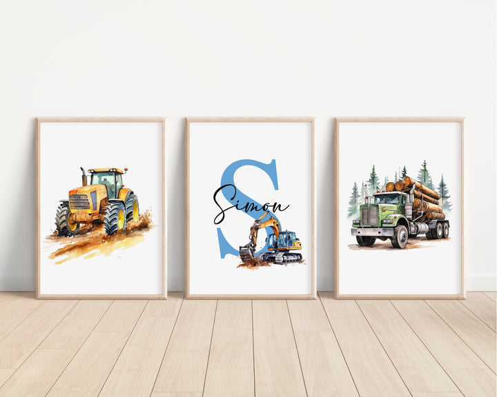 SET OF 3 Construction Trucks Diggers Personalised Bedroom Prints