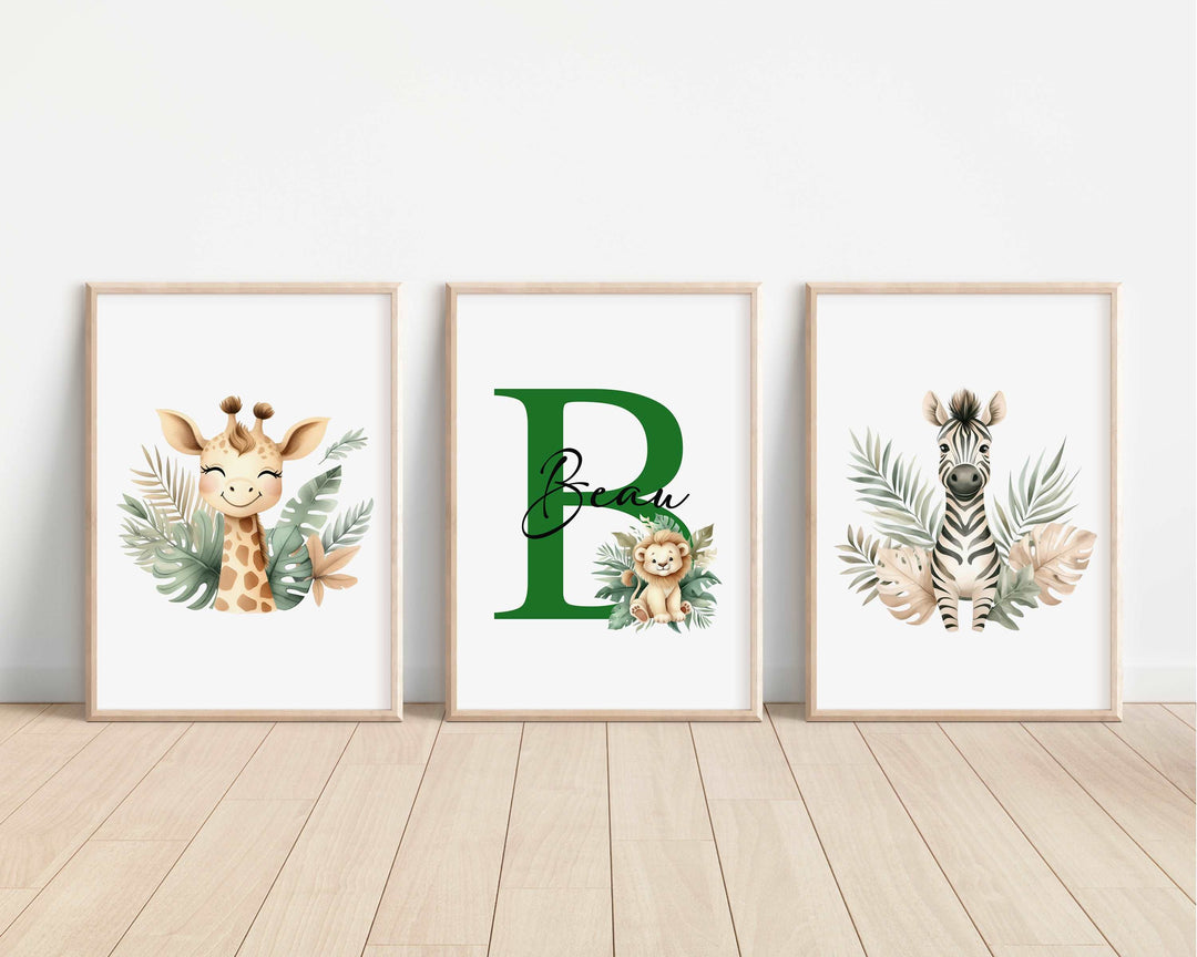 SET OF 3 Safari Animals Personalised Bedroom Prints