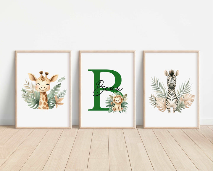 SET OF 3 Safari Animals Personalised Bedroom Prints