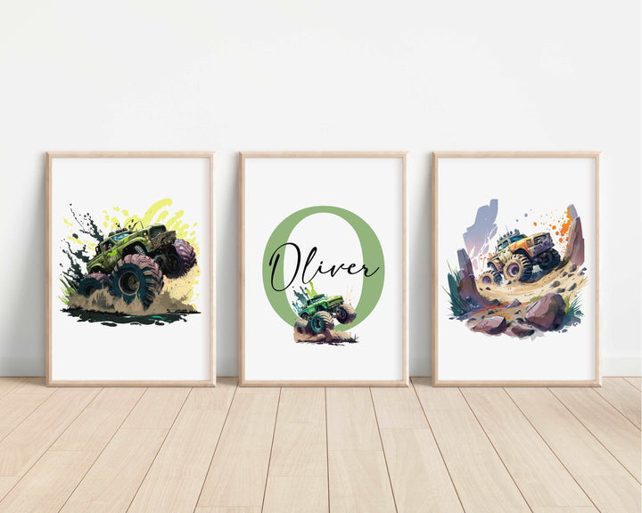 SET OF 3 Monster Truck Personalised Bedroom Prints