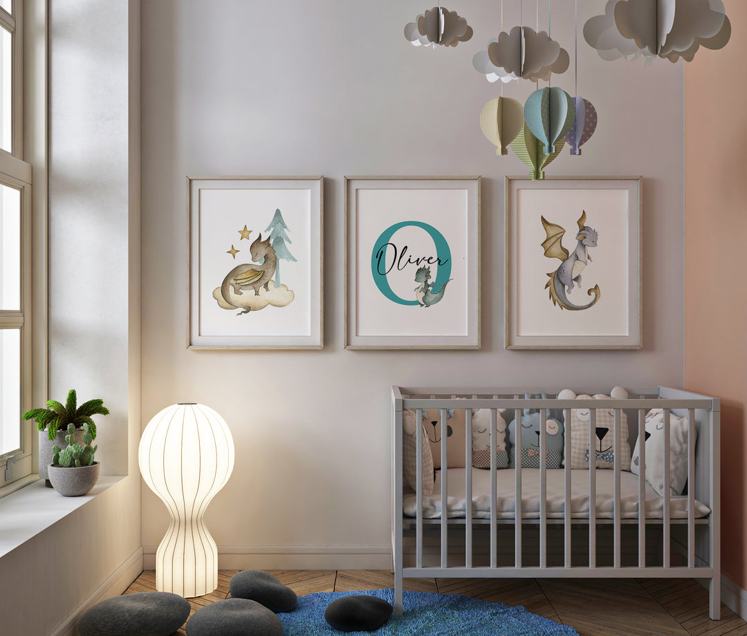 SET OF 3 Baby Dragon Personalised Bedroom Prints