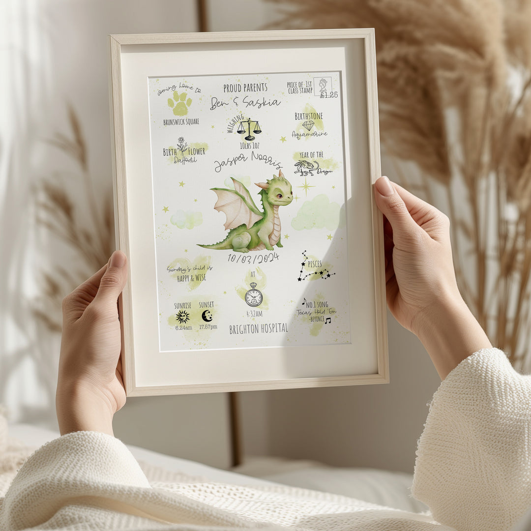 Forest Dragon Personalised The Day You Were Born Birth Print