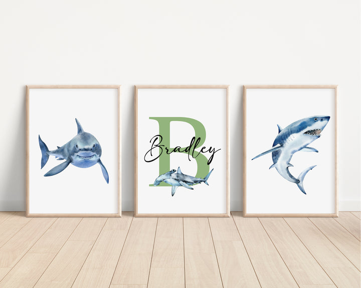 SET OF 3 Sharks Personalised Prints