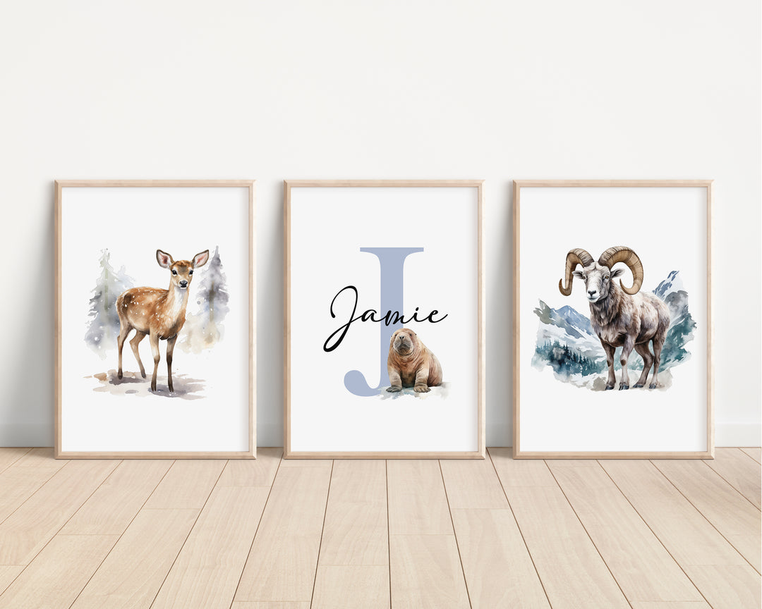 SET OF 3 Arctic Animals Personalised Bedroom Prints