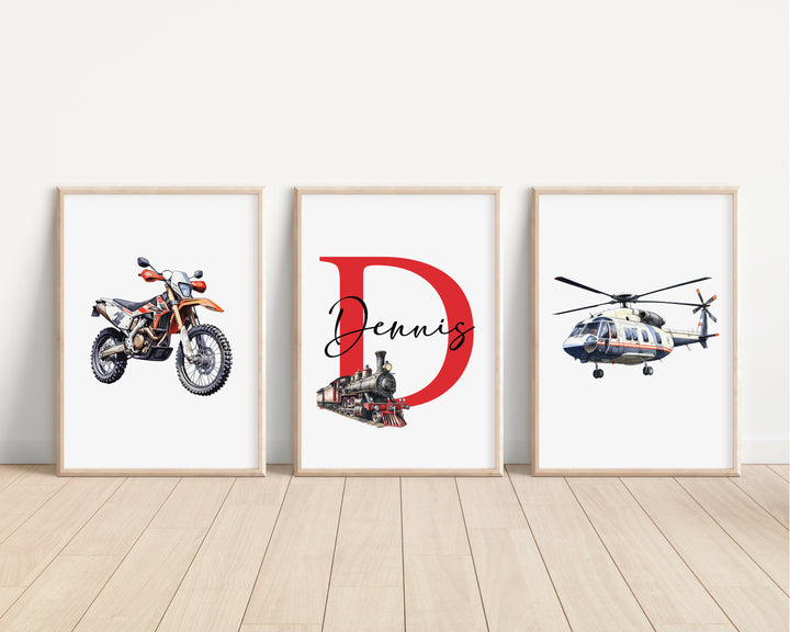 SET OF 3 Transport Kids Personalised Bedroom Prints