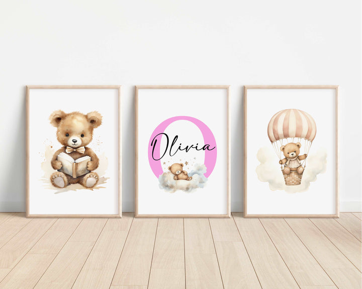 SET OF 3 Teddy Bear Personalised Bedroom Prints