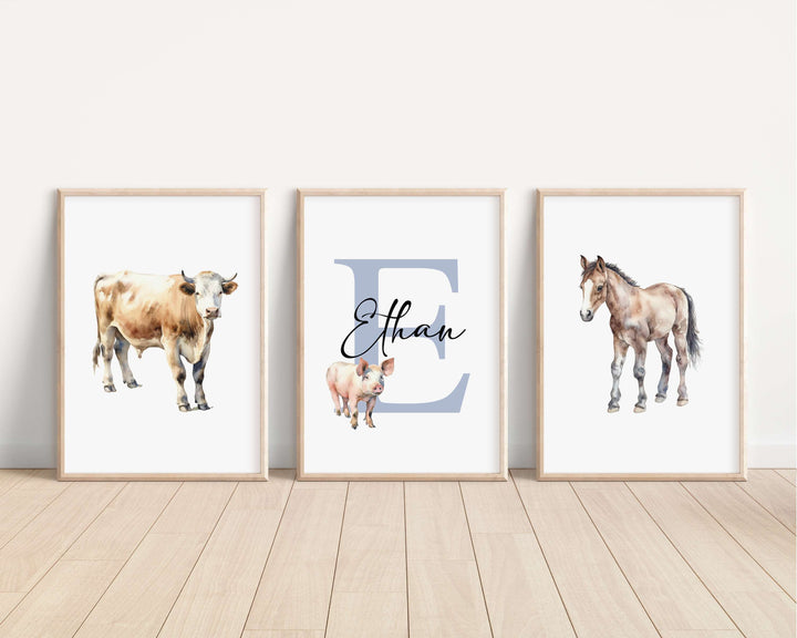 SET OF 3 Farm Animals Personalised Bedroom Prints