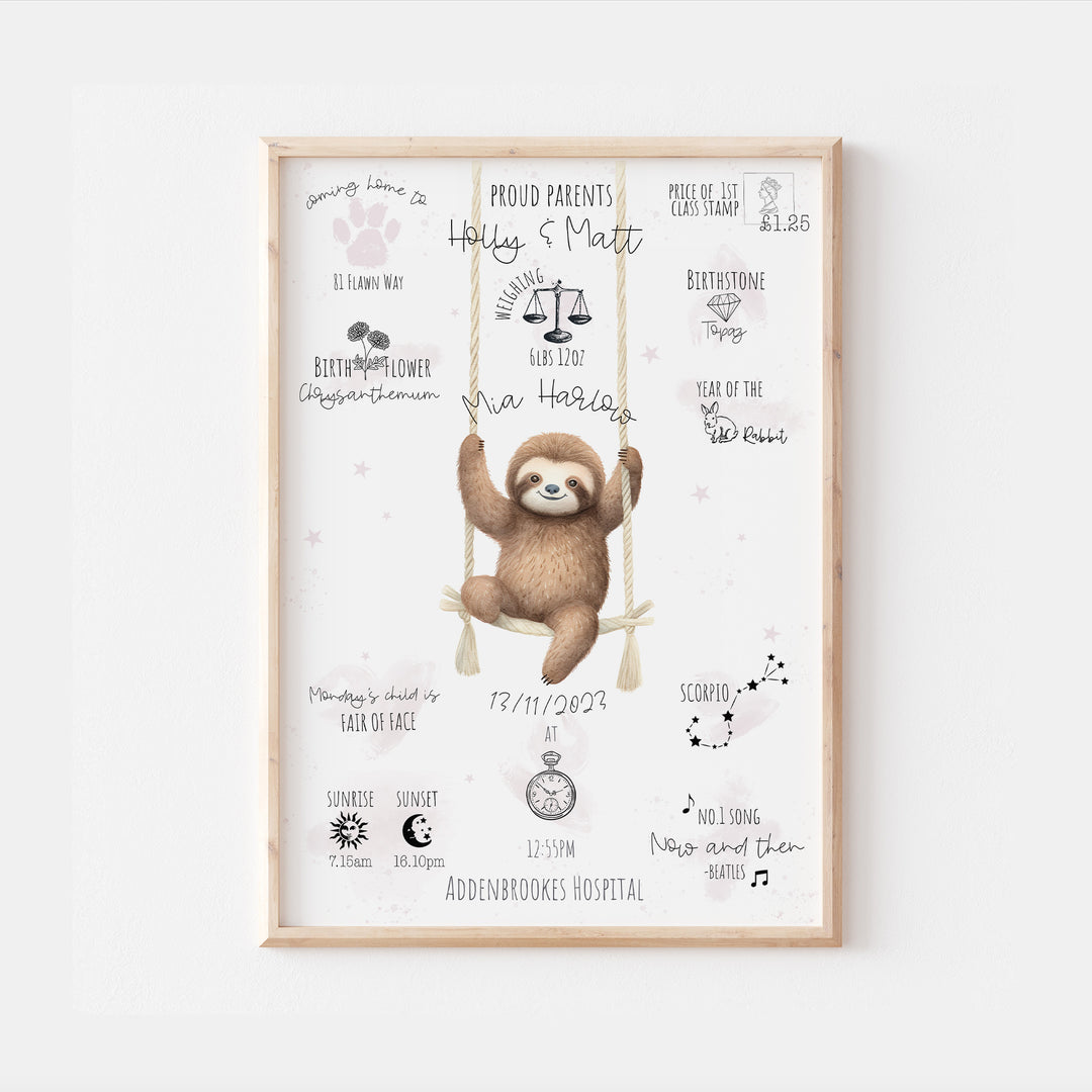 Personalised The Day You Were Born Swinging Sloth Birth Print