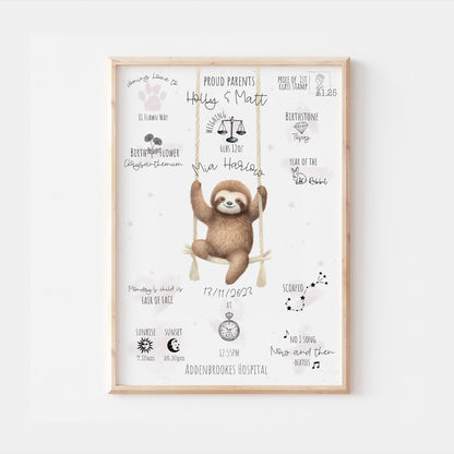 Personalised The Day You Were Born Swinging Sloth Birth Print
