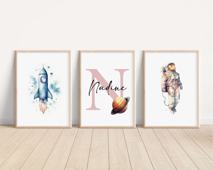 SET OF 3 Space Astronaut Planets Personalised Bedroom Prints