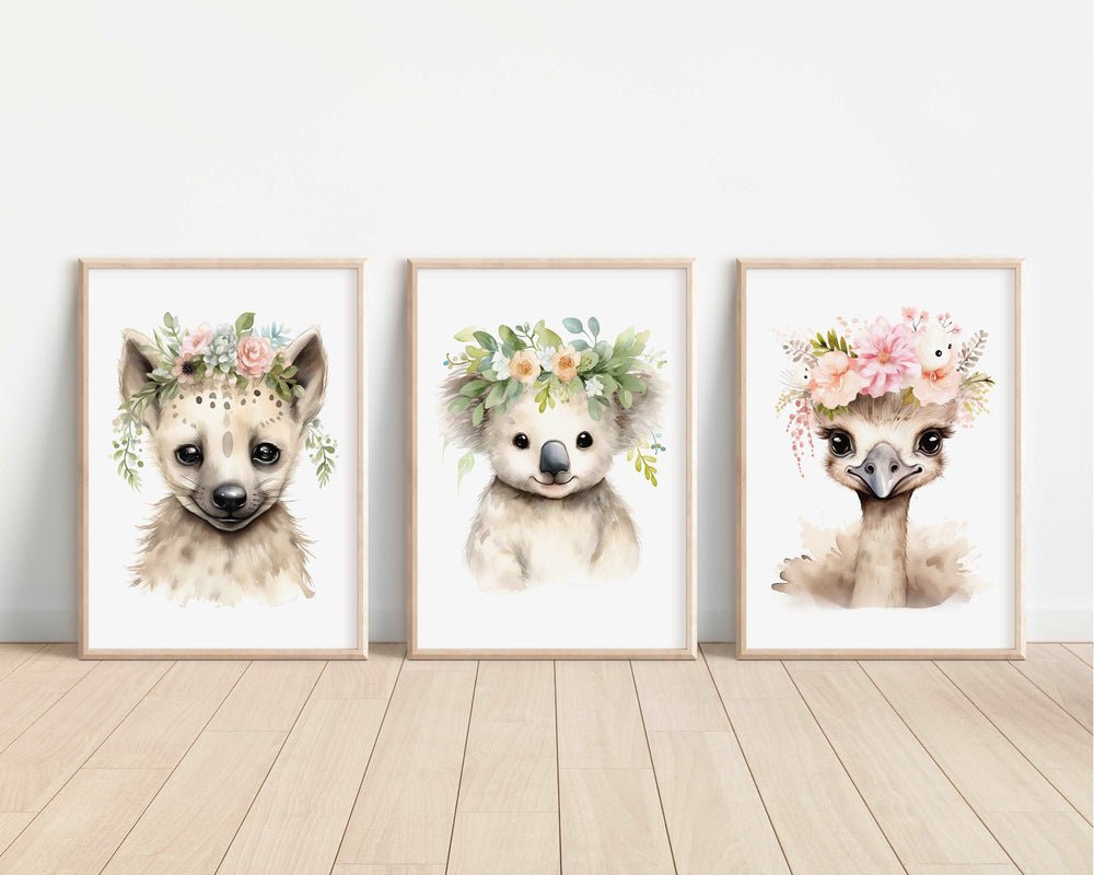 Floral Watercolour Baby Safari Animals Bedroom Prints