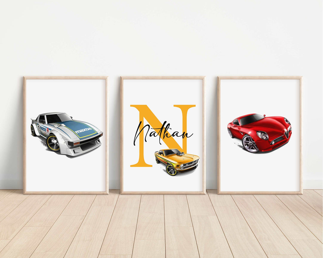 SET OF 3 Hot Wheels Cars Personalised Bedroom Prints