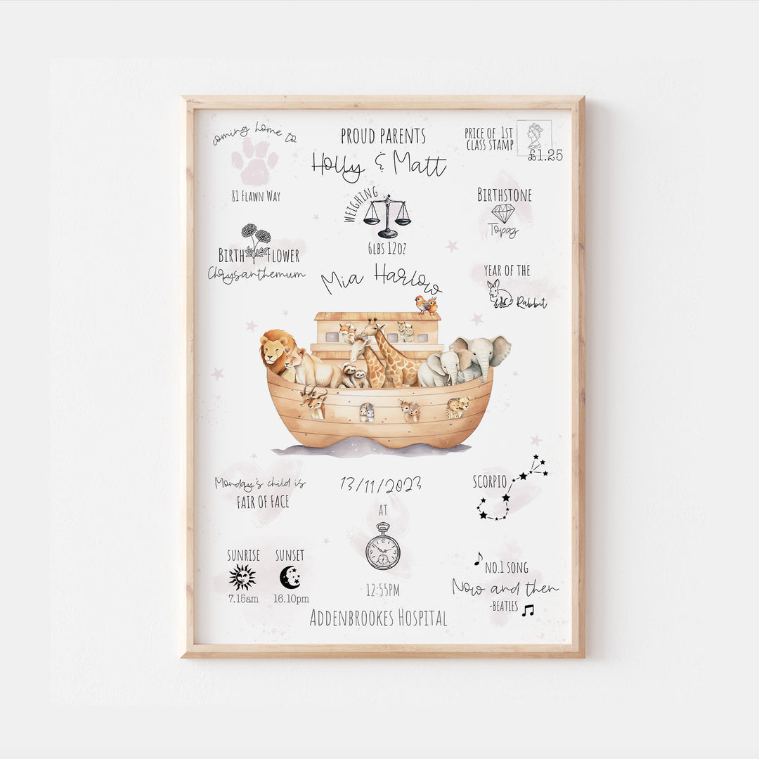 Noah's Ark Personalised The Day You Were Born Christening Birth Print