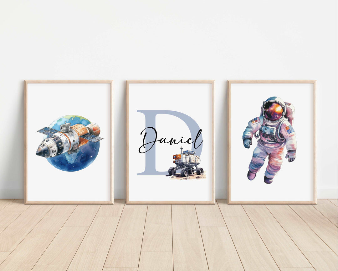 SET OF 3 Space Astronaut Planets Personalised Bedroom Prints