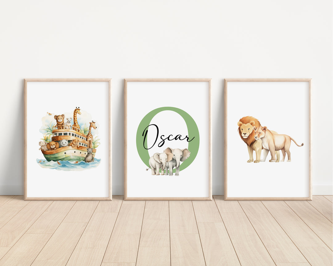 SET OF 3 Noahs Ark Christening Personalised Bedroom Prints