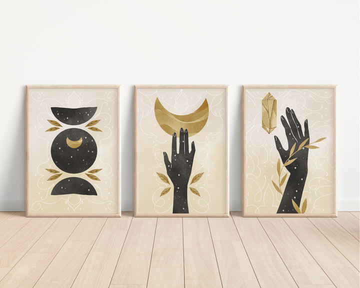 SET OF 3 Black and Gold Boho Abstract Home Prints