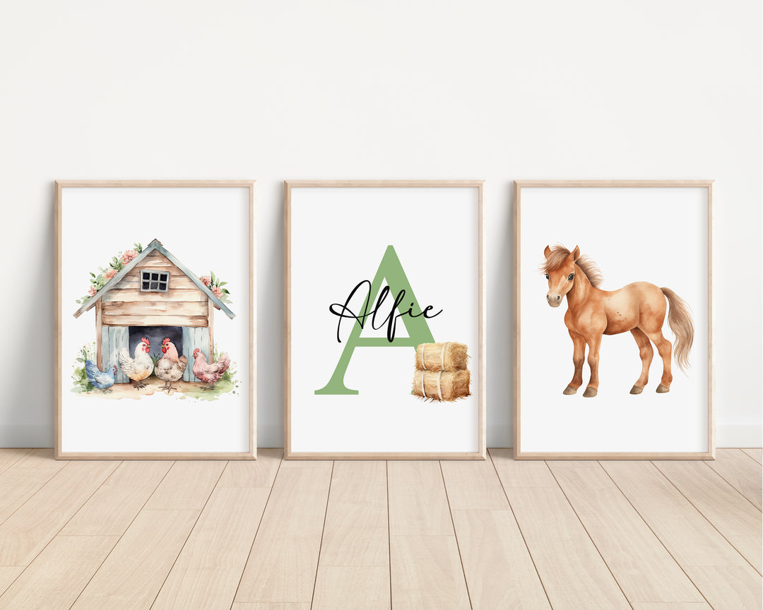 SET OF 3 Cute Farm Animals Personalised Bedroom Prints