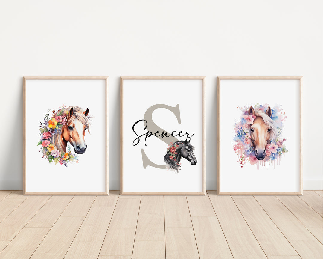 SET OF 3 Floral Horses Personalised Bedroom Prints