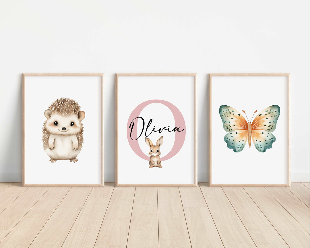 SET OF 3 Woodland Animals Personalised Bedroom Prints