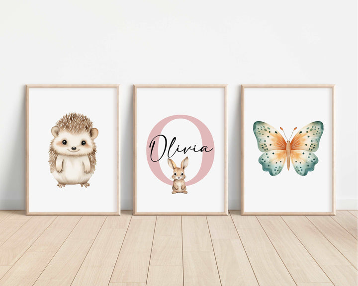 SET OF 3 Woodland Animals Personalised Bedroom Prints