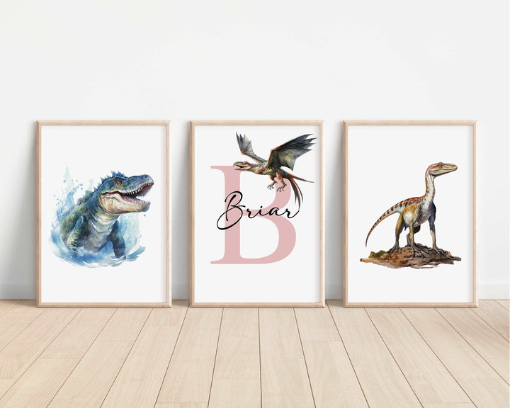 SET OF 3 Jurassic Watercolour Dinosaur Personalised Prints