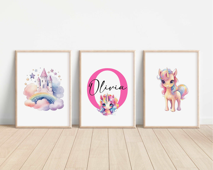 SET OF 3 Magical Unicorn Horses Personalised Bedroom Prints