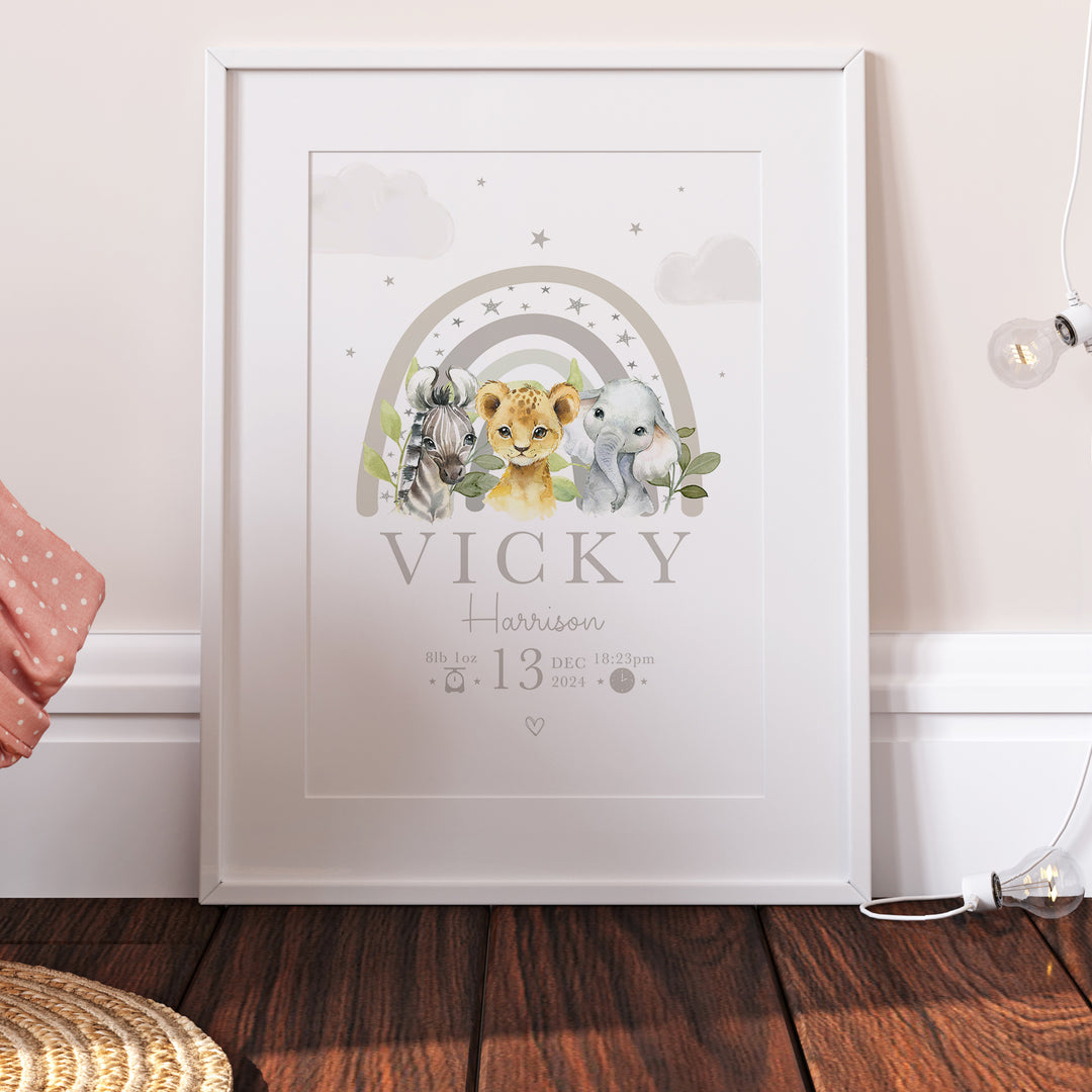 Safari Animals Rainbow Personalised The Day You Were Born Nursery Print