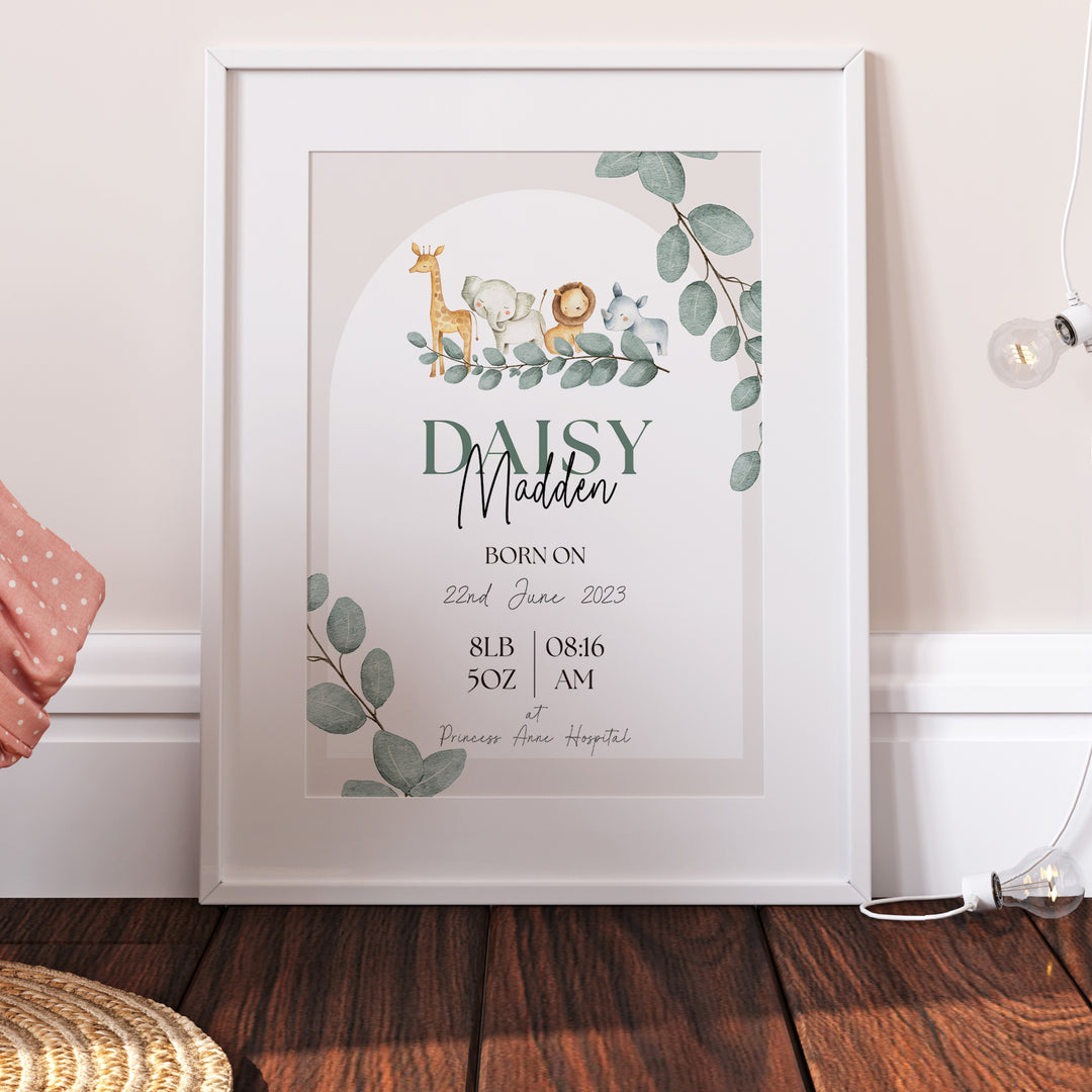 Safari Animals Personalised The Day You Were Born Nursery Print