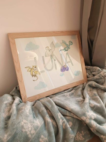 Dragons Watercolour Personalised Bedroom Print