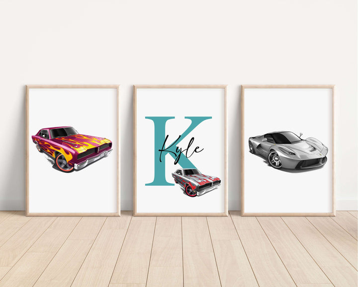 SET OF 3 Hot Wheels Cars Personalised Bedroom Prints