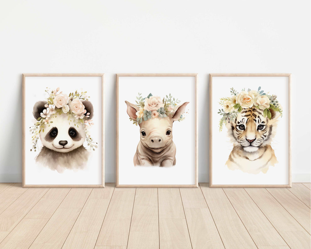 Floral Watercolour Baby Safari Animals Bedroom Prints