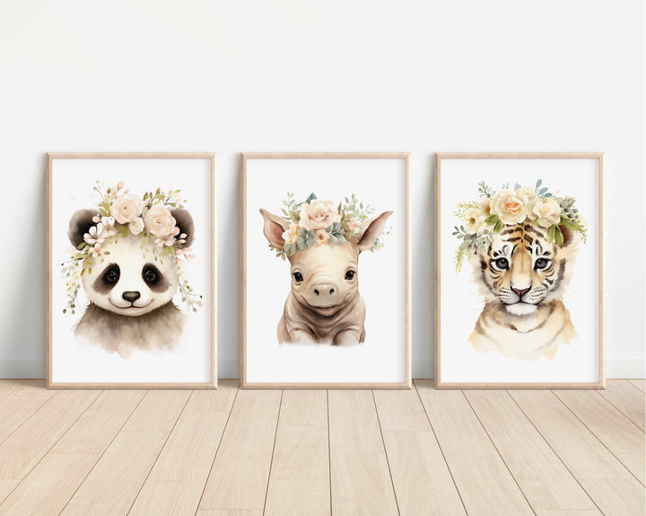 Floral Watercolour Baby Safari Animals Bedroom Prints