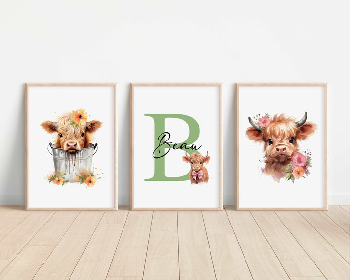 SET OF 3 Highland Cows Personalised Bedroom Prints