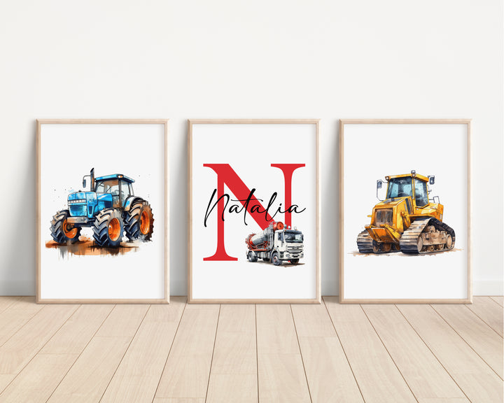 SET OF 3 Construction Trucks Diggers Personalised Bedroom Prints