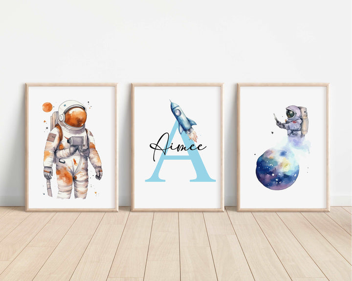 SET OF 3 Space Astronaut Planets Personalised Bedroom Prints