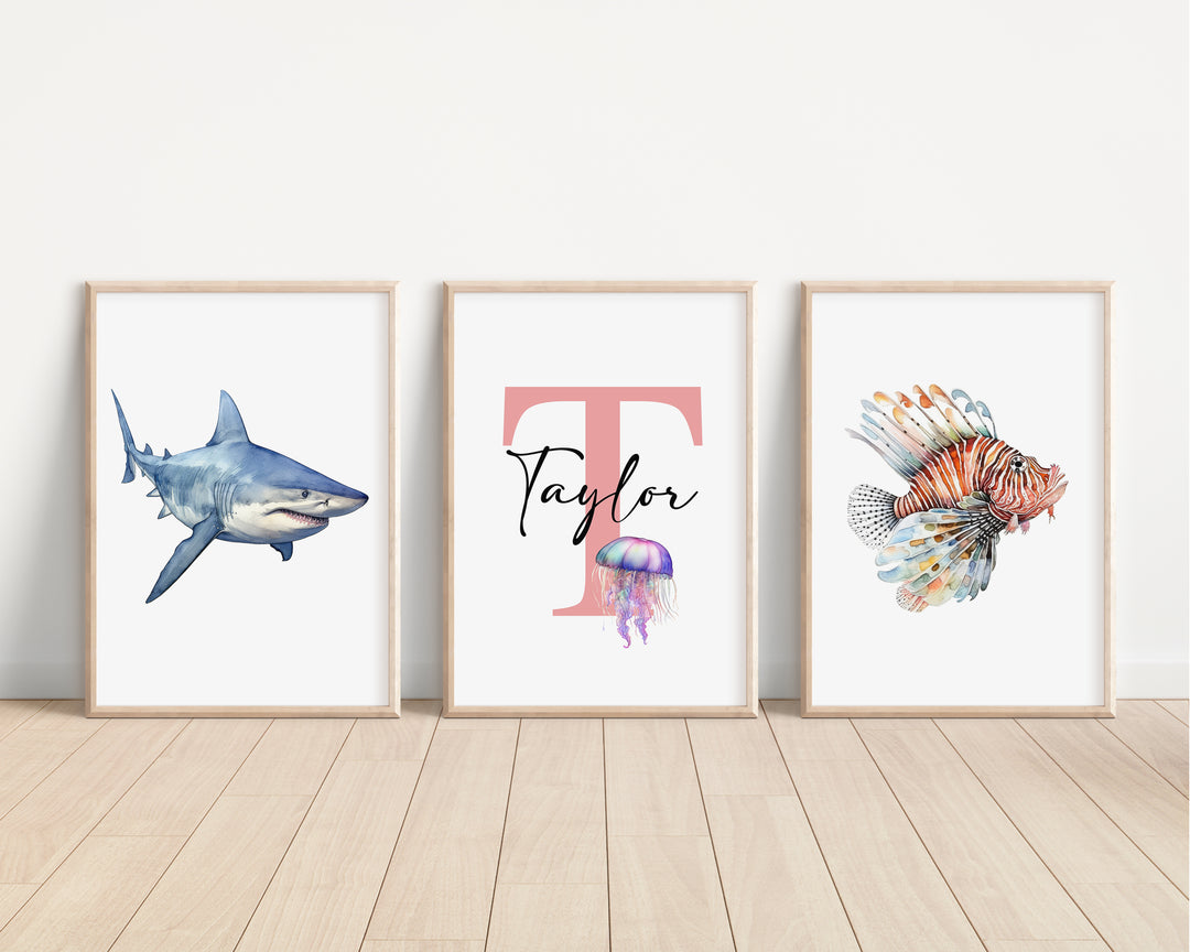 SET OF 3 Ocean Sea Animals Personalised Bedroom Prints