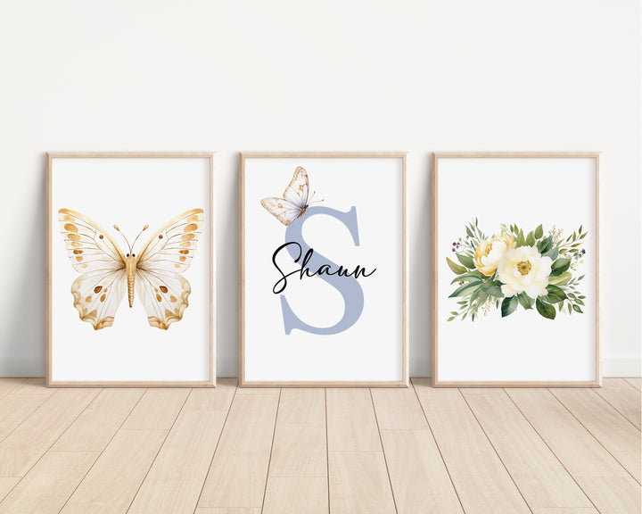 SET OF 3 Royal Butterfly Personalised Bedroom Prints