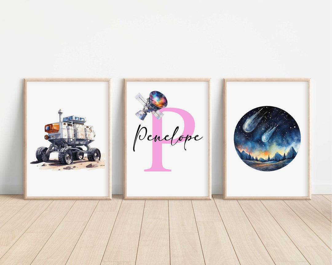 SET OF 3 Space Astronaut Planets Personalised Bedroom Prints