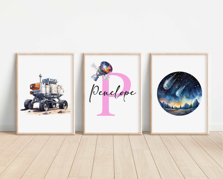 SET OF 3 Space Astronaut Planets Personalised Bedroom Prints