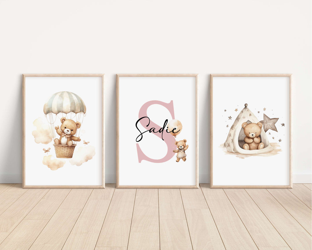 SET OF 3 Teddy Bear Personalised Bedroom Prints