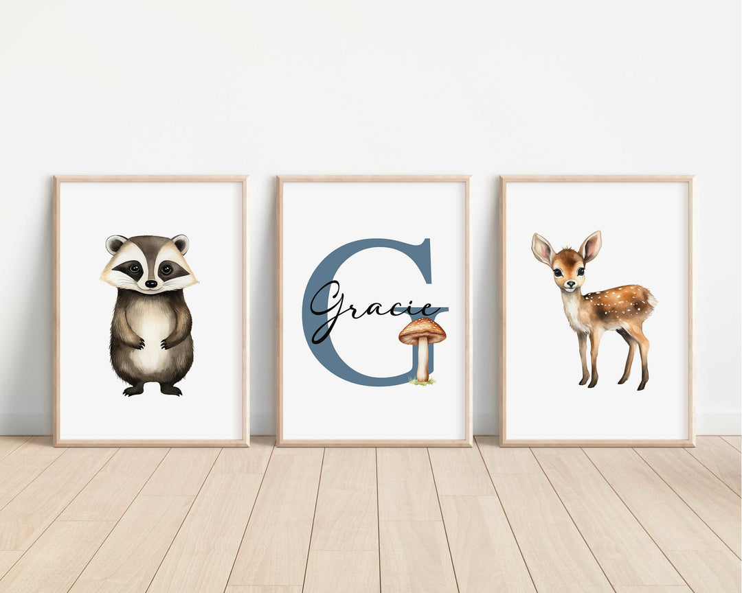 SET OF 3 Woodland Animals Personalised Bedroom Prints