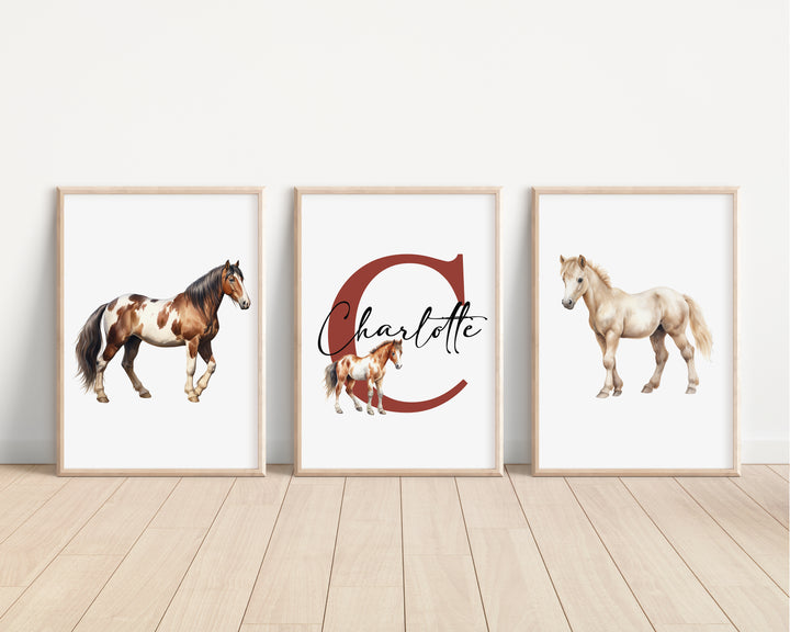 SET OF 3 Horses Pony Personalised Bedroom Prints