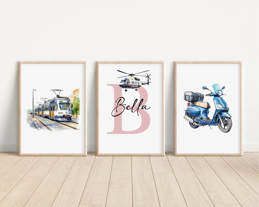 SET OF 3 Transport Kids Personalised Bedroom Prints