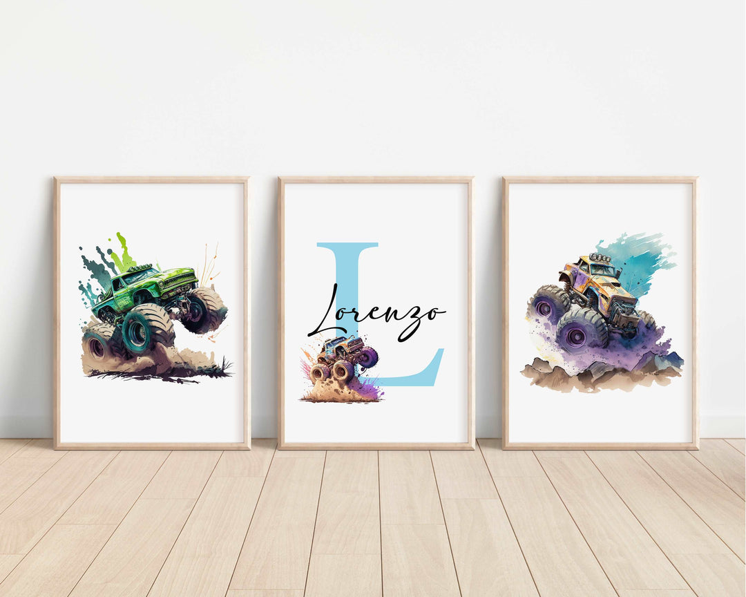 SET OF 3 Monster Truck Personalised Bedroom Prints