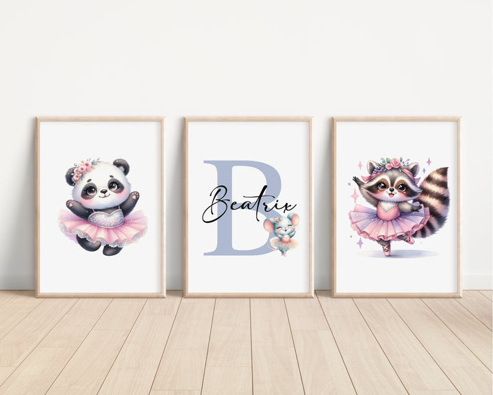 SET OF 3 Ballerina Animals Personalised Bedroom Prints