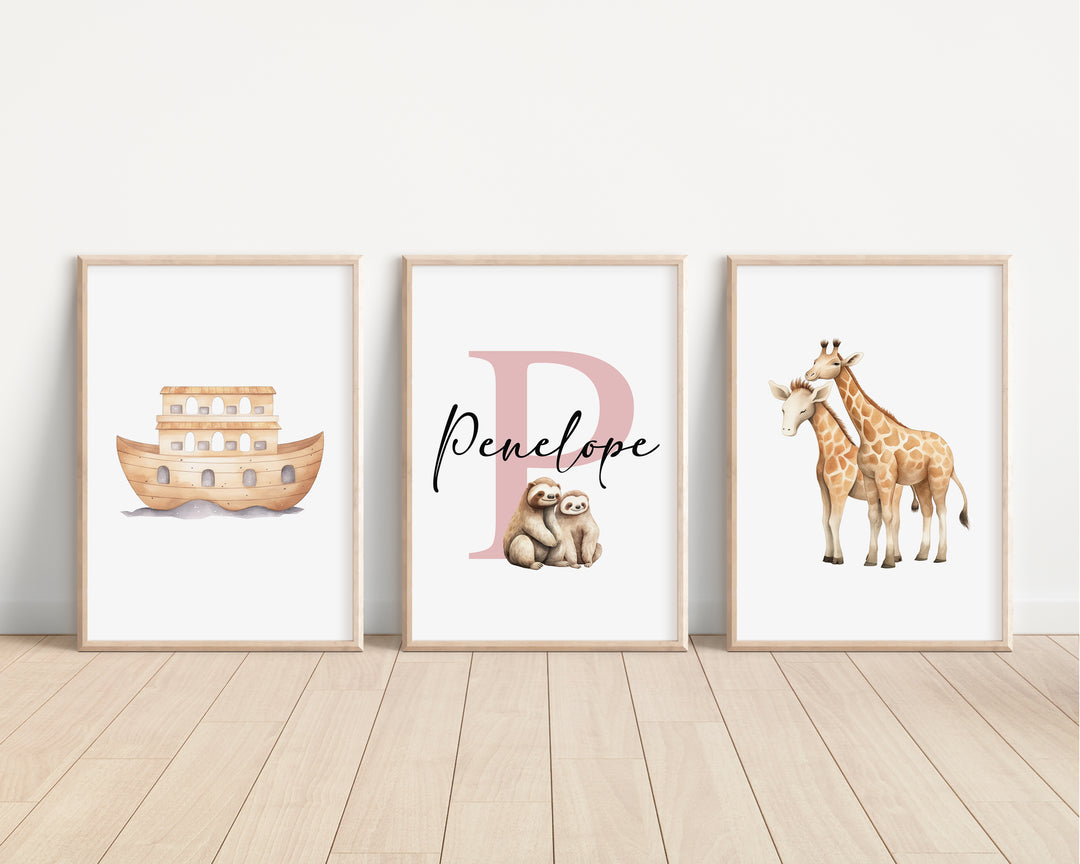 SET OF 3 Noahs Ark Christening Personalised Bedroom Prints