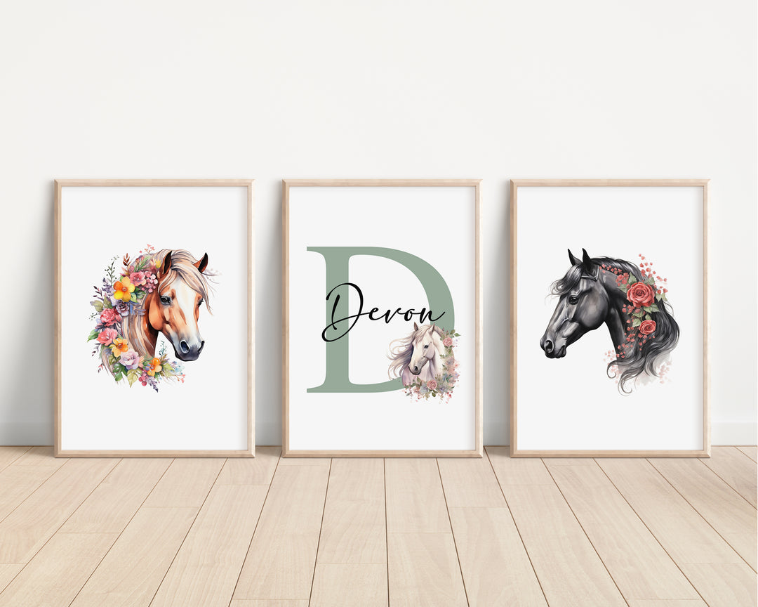 SET OF 3 Floral Horses Personalised Bedroom Prints